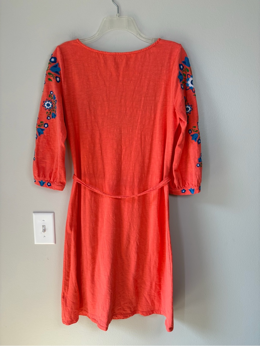 Boden Leyla Floral Embroidered Jersey Slub Cotton Tie Tunic Dress Guava Orange - Picture 2 of 8
